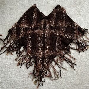 Brown Plaid Knit Fringe Poncho | Cozy Fall Layering Wrap